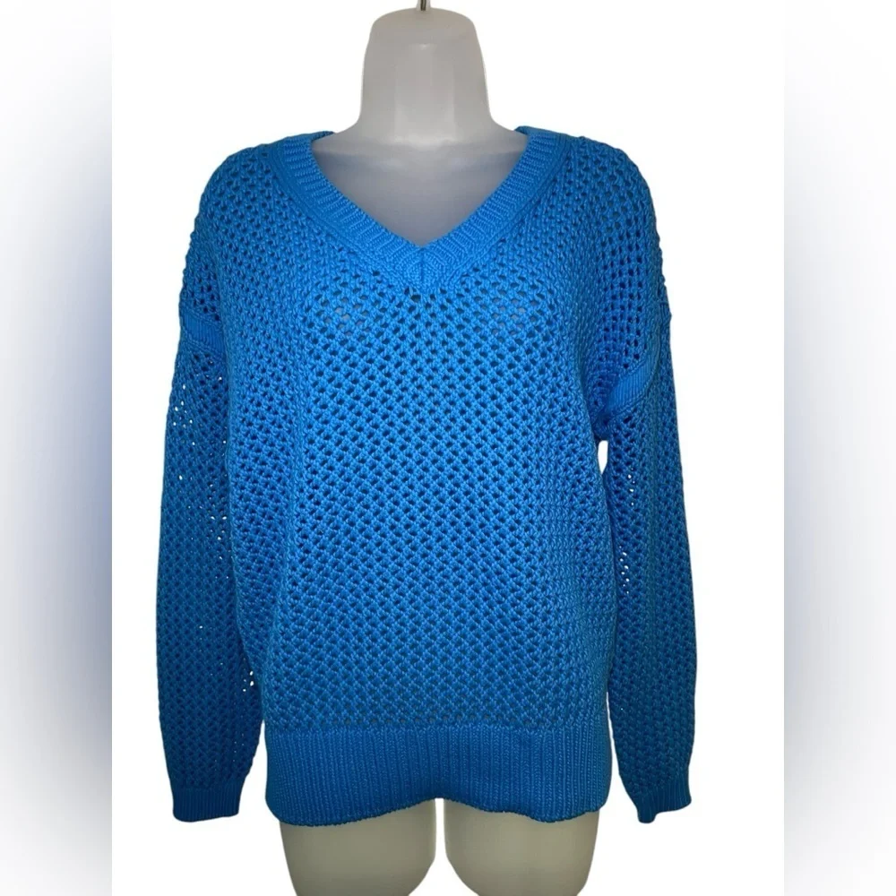 Equipment Tate Blue Open Stitch Cotton Sweater XL NWT